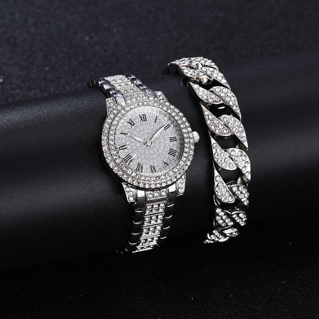 Fashion Full Crystal Diamond Roman Literal Steel Band Watches Bracelet Set for Men Women HipHop Diamond Wrist Watch Bracelet Set