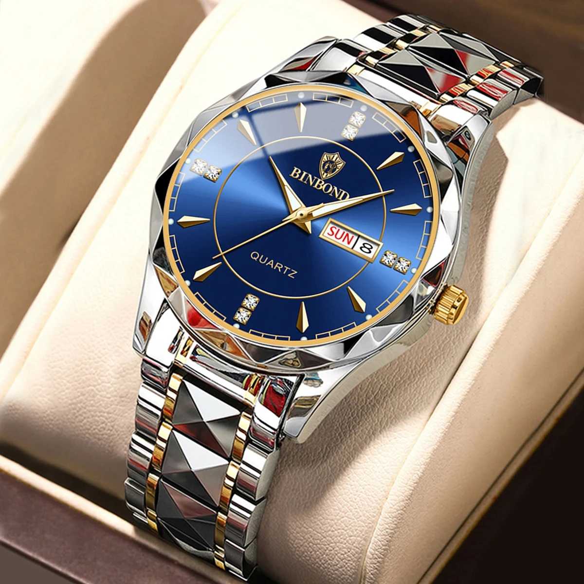 Binbond 5552 B5552 Luxury Man Quartz Wristwatch Waterproof Luminous Date Week Men Reloj Watch Stainless Steel Male Men's Watch